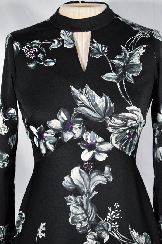 1970s Grey and Purple Floral Dress- D'Allaird's